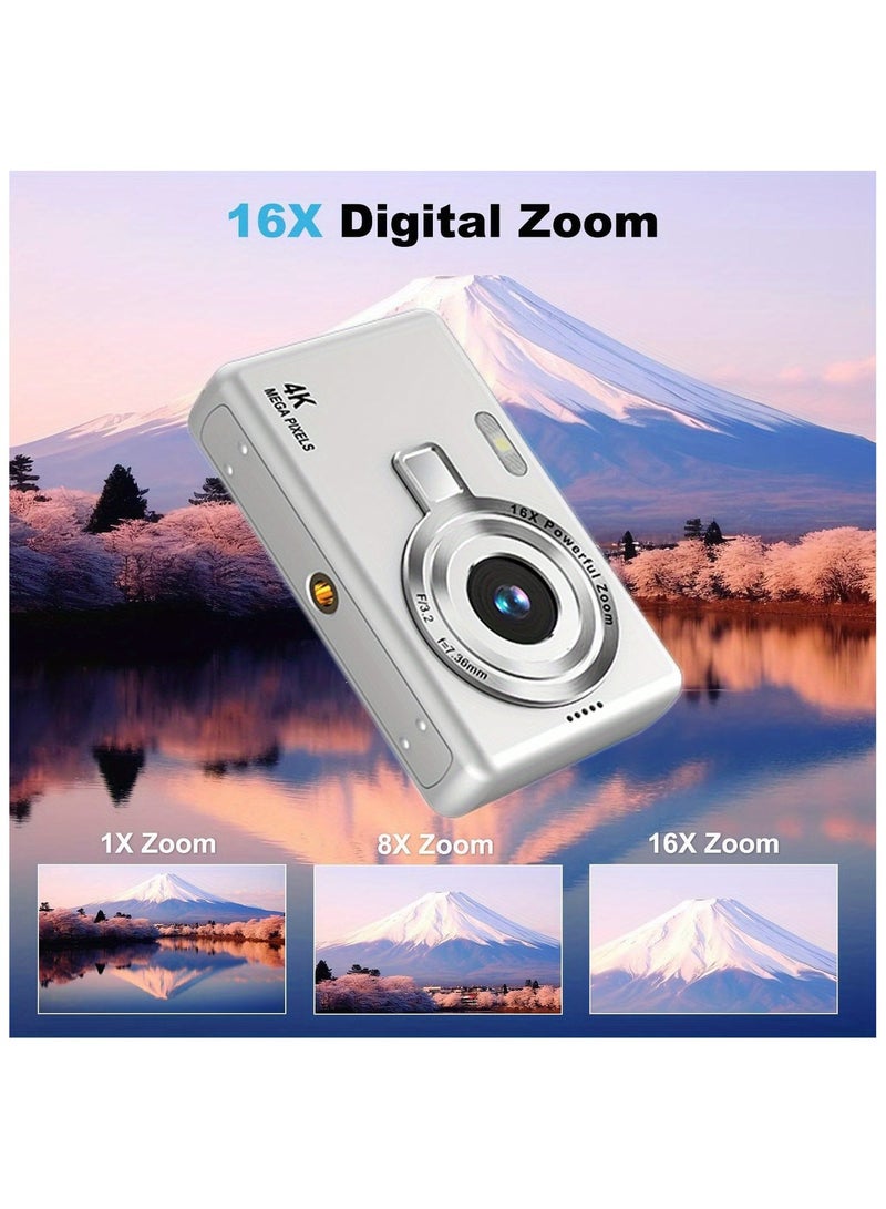 general Portable CCD digital camera for campus use, featuring 4K ultra-high-definition pixels and 16x powerful zoom, a 2.8-inch LCD screen, suitable for teenagers, electronic image stabilization, low Selfie delay, long battery life, and comes with a 32GB memory card/card reader. - Image 4